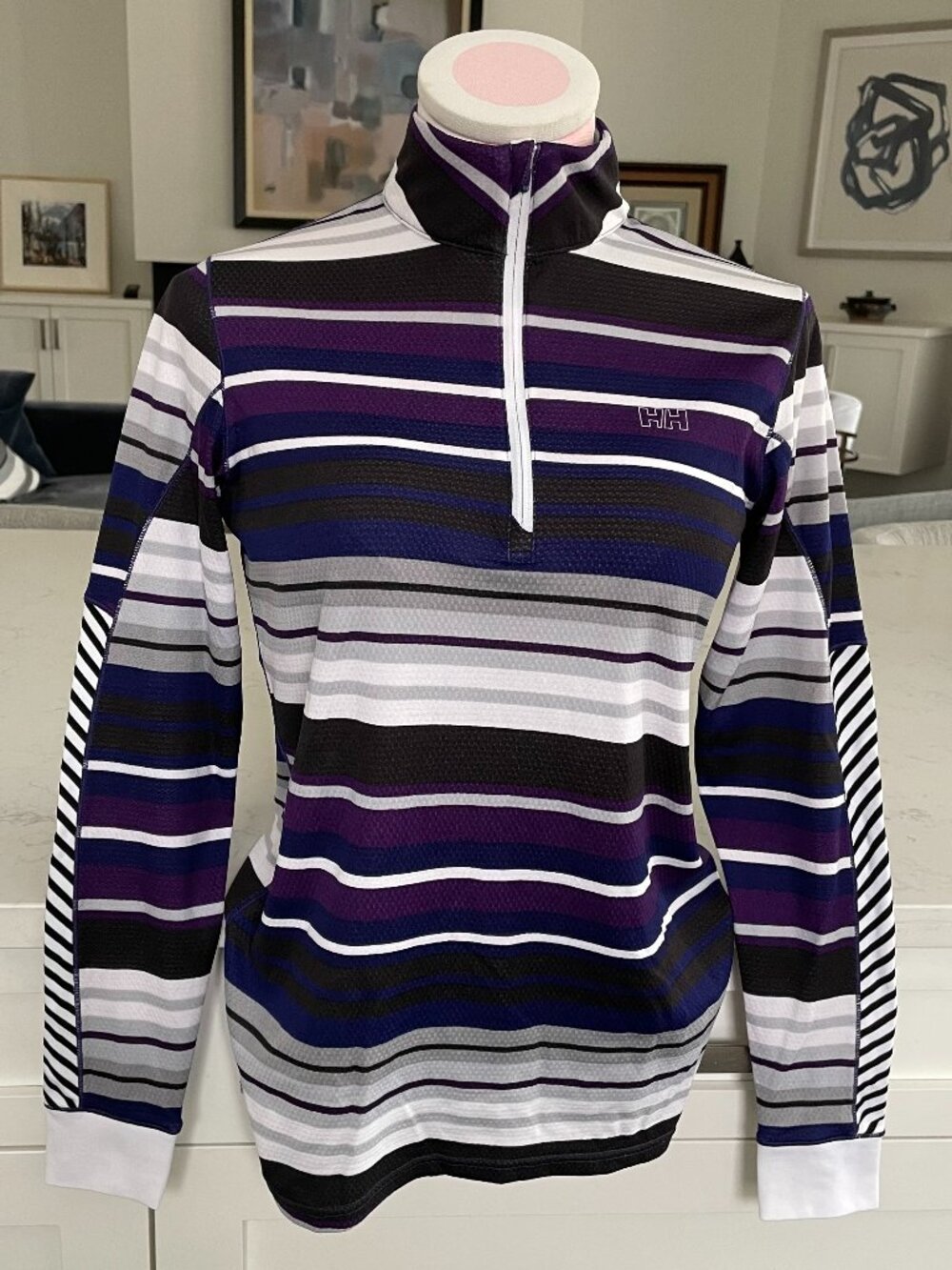 Helly Hansen 1/4 Zip Striped Hi Collar LS Athletic Top Purple Blk Wht Grey Sz M